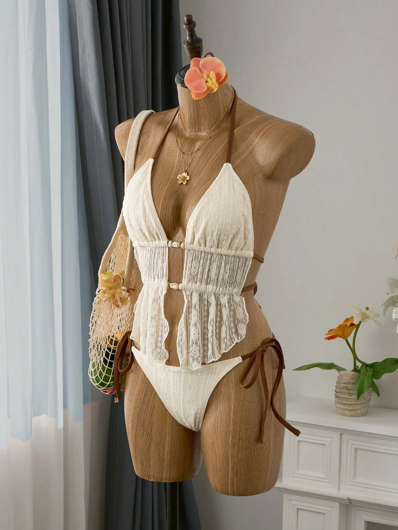 Vintage Necklace - Cream Lace Halter Neck Tankini Set