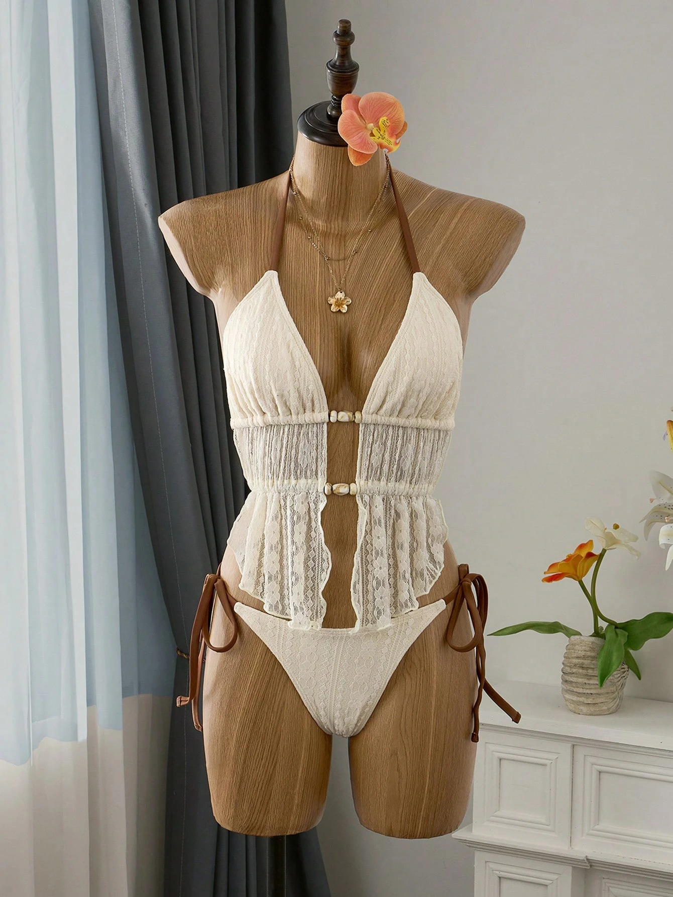 Cream Lace Halter Neck Tankini - Vintage Necklace ulasan dan harga