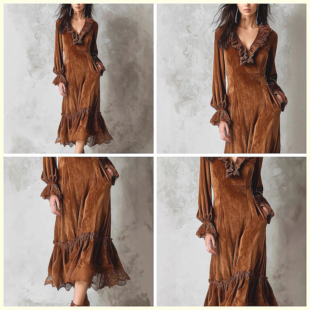 Vintage Velvet Maxi Dress V-Ne - Vintage Necklace ulasan dan harga