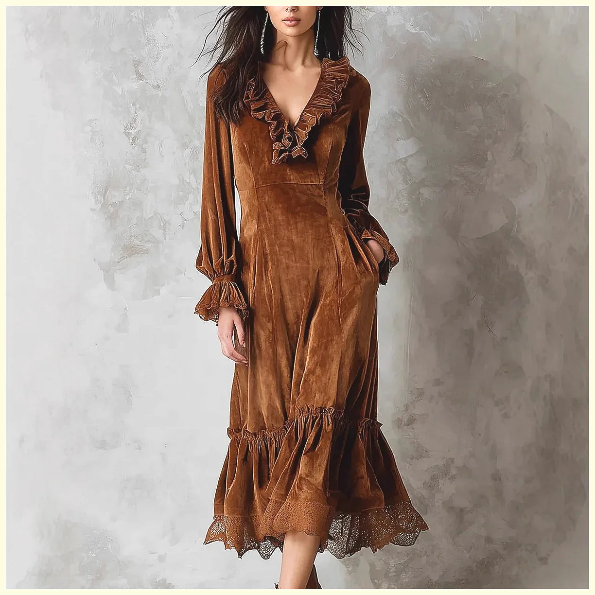 Vintage Velvet Maxi Dress V-Ne - Vintage Necklace ulasan dan harga