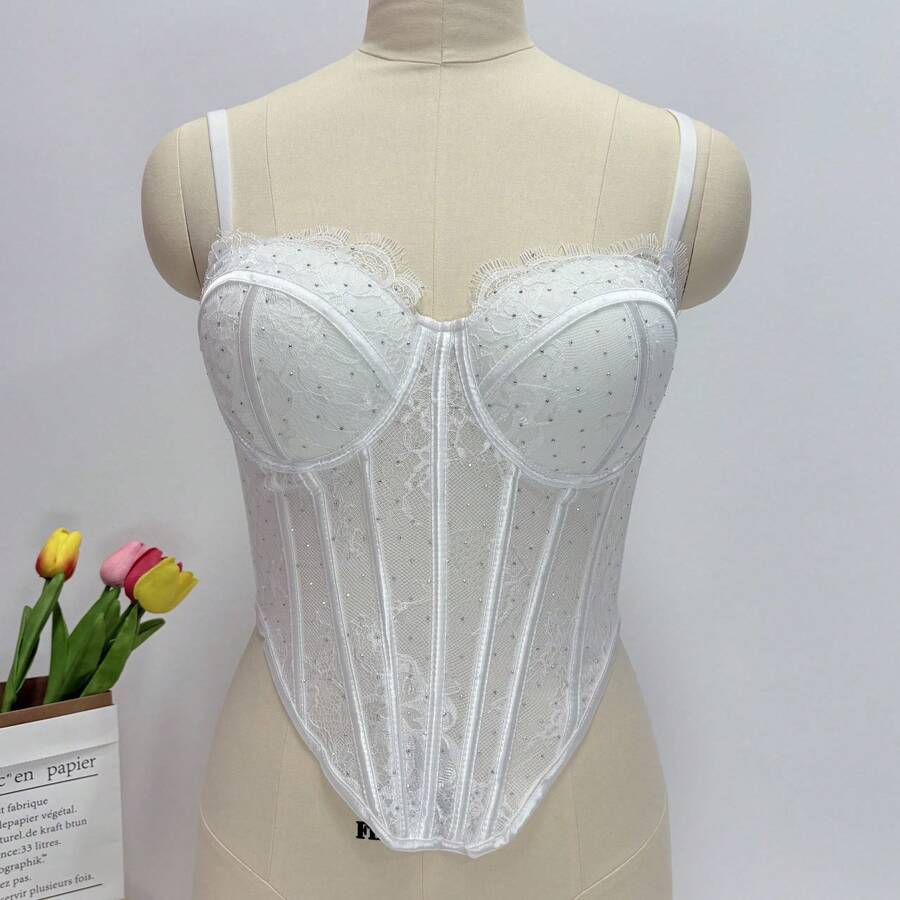 White Lace Rhinestone Corset T - Vintage Necklace ulasan dan harga