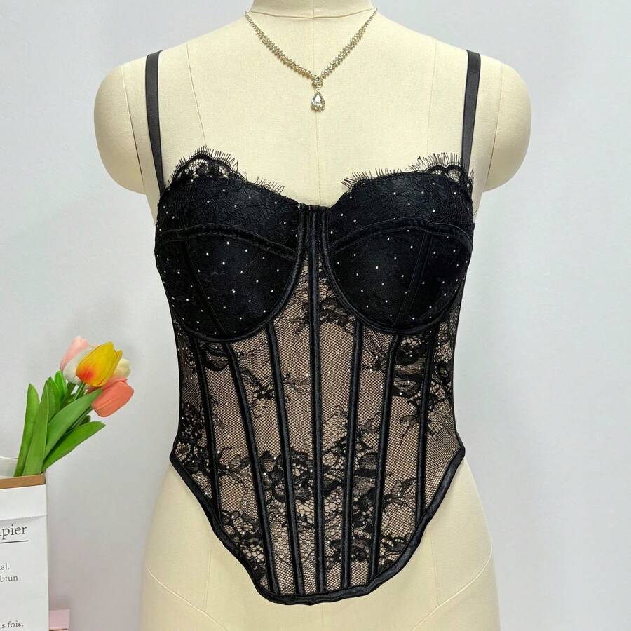White Lace Rhinestone Corset T - Vintage Necklace ulasan dan harga