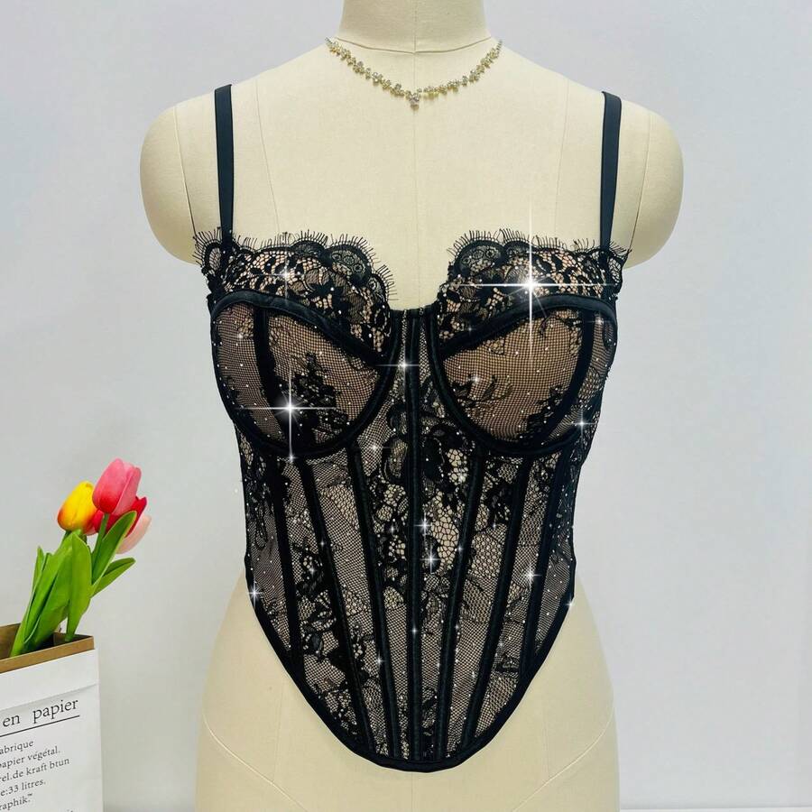 White Lace Rhinestone Corset T - Vintage Necklace ulasan dan harga