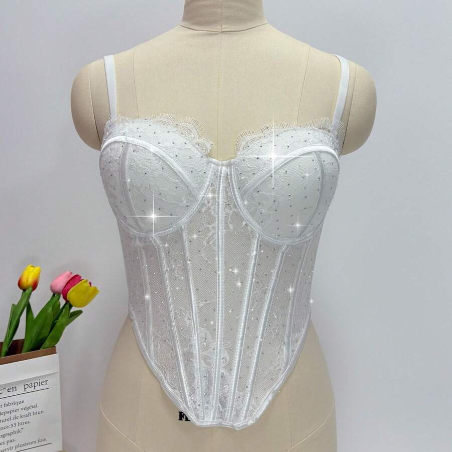 White Lace Rhinestone Corset T - Vintage Necklace ulasan dan harga